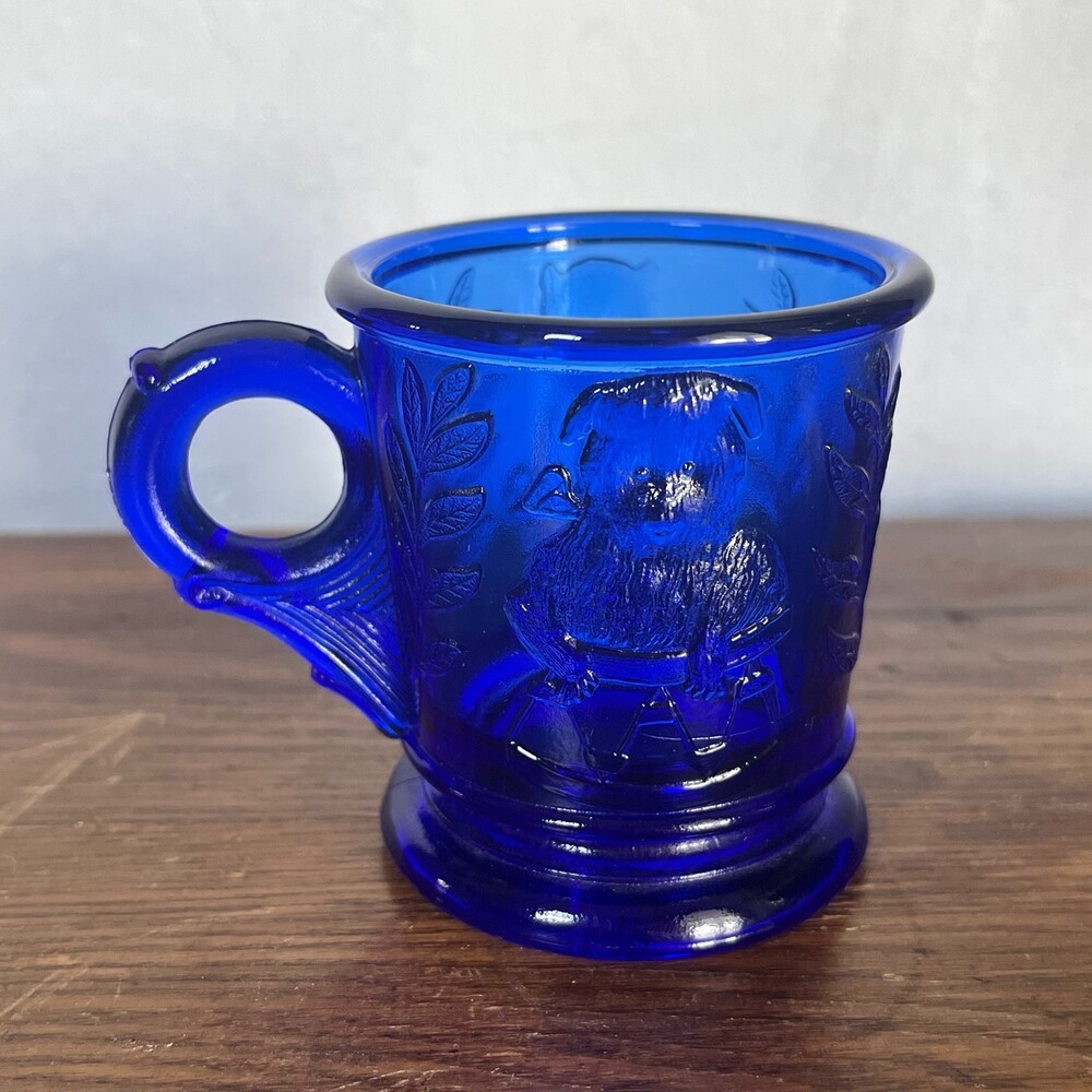 VTG EAPG Childs Mug Mosser Cobalt Blue Dog Drum & Cat in Basket Depression Glass